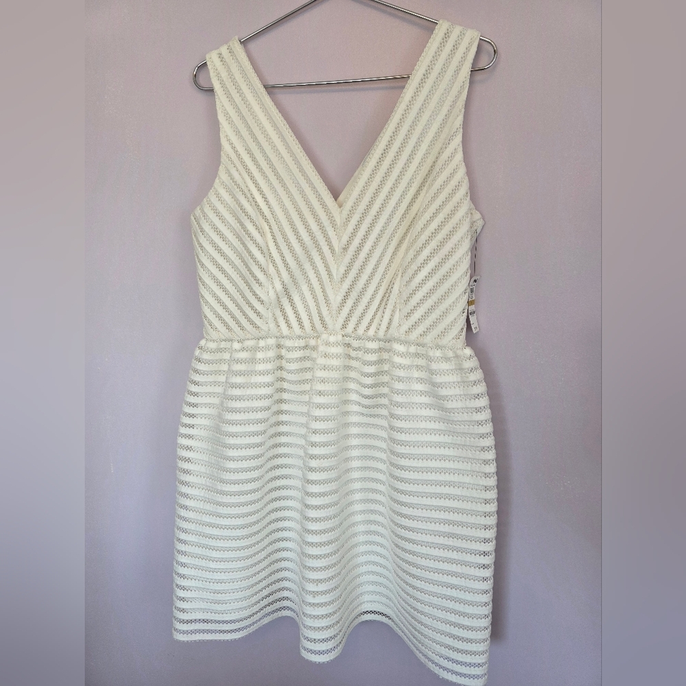 NWT Bar III Sleeveless White V-Neck Eyelet Textured Fit & Flare Dress Size 14